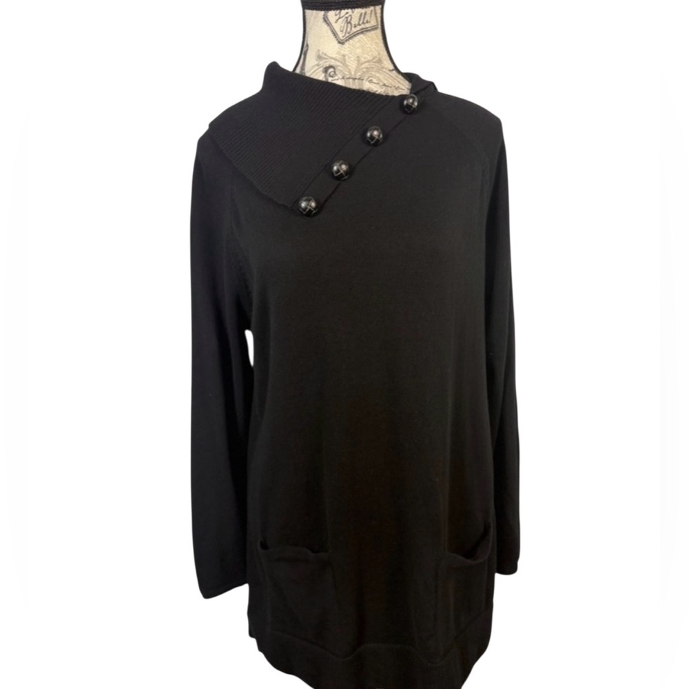 JEANNE PIERRE Black Asymmetrical Button Neckline Tunic w/ 2 Front Pockets Size M